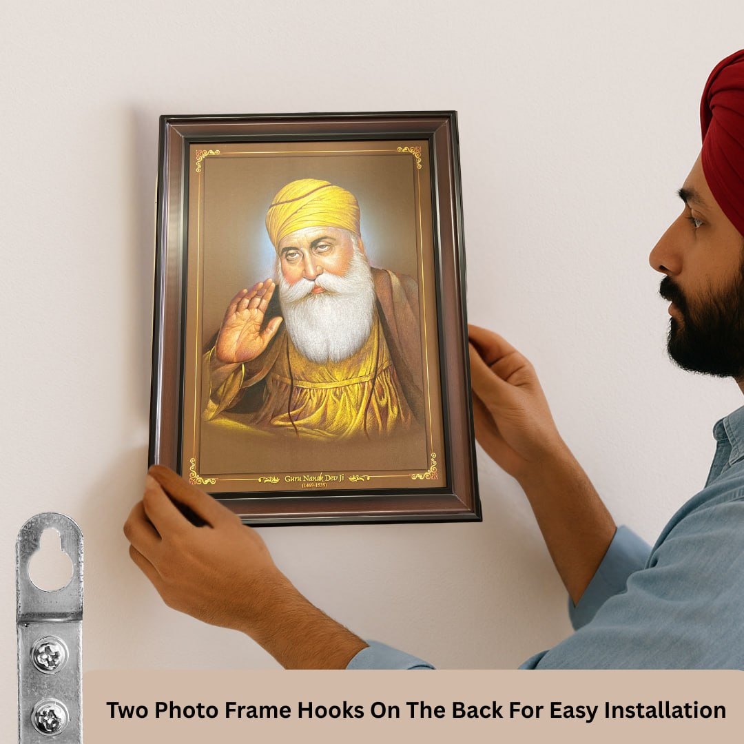 Guru Nanak Dev Ji Portrait Wall Hanging – 80cm x 60cm Large Frame with Hooks