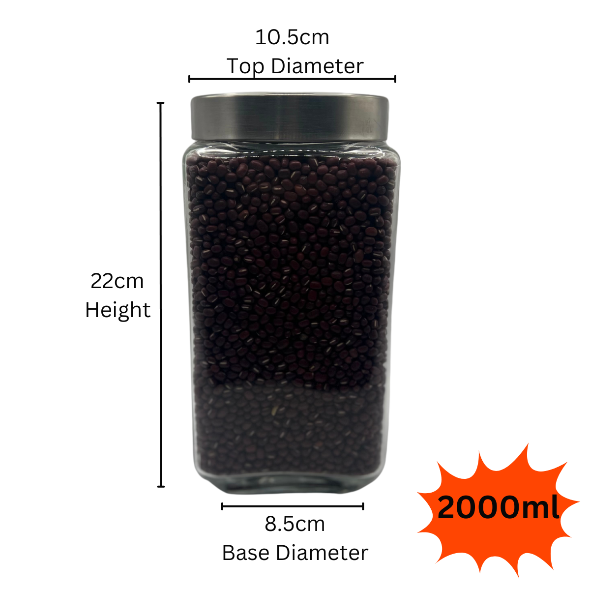 Square Glass Storage Jars Containers w/ Airtight Lid 1100ml, 1500ml,2000ml