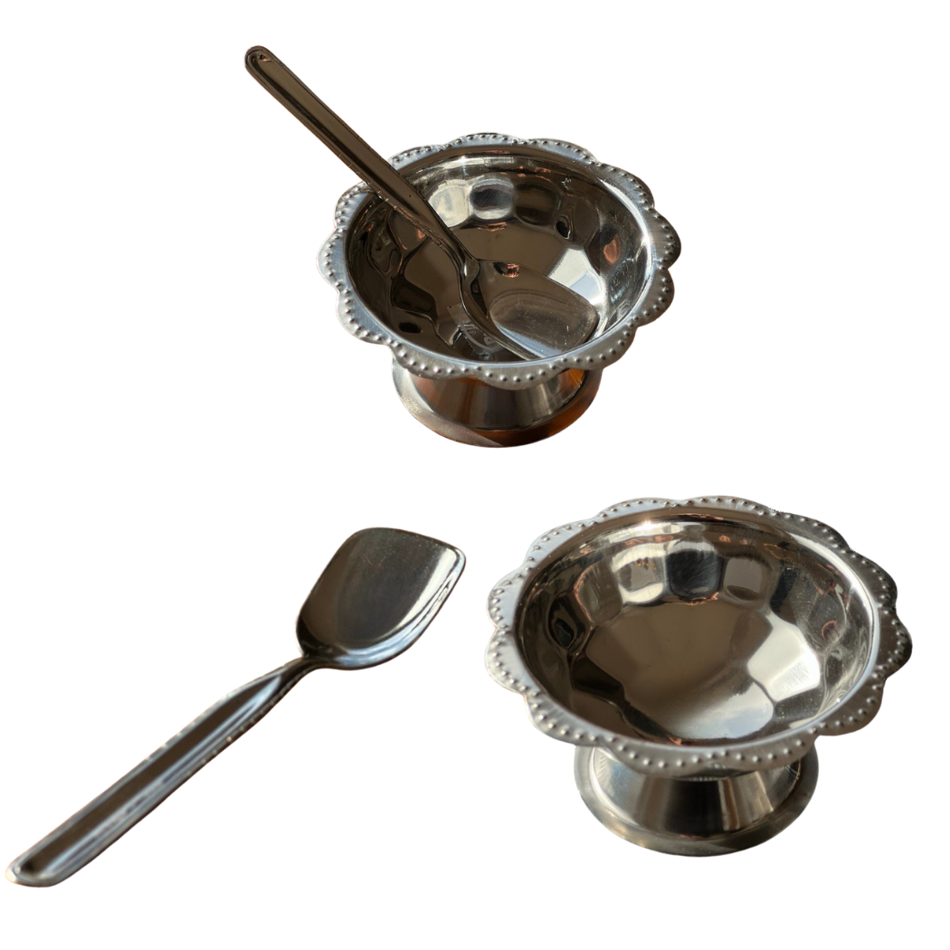 6 x SS Ice Cream Sundae Fruit Bowl Dessert Set With Tray & Spoons