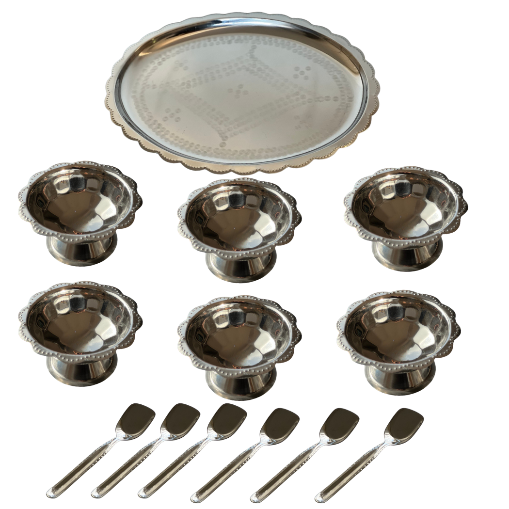 6 x SS Ice Cream Sundae Fruit Bowl Dessert Set With Tray & Spoons