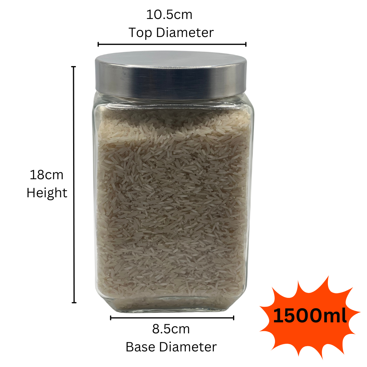 Square Glass Storage Jars Containers w/ Airtight Lid 1100ml, 1500ml,2000ml