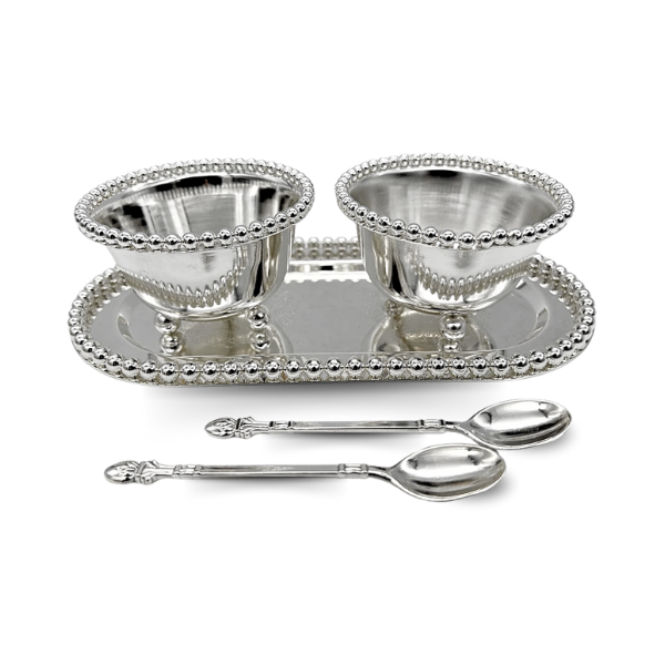 Traditional Silver Table Serving Dish Set with 1 Tray, 2 Bowls, and 2 Spoons