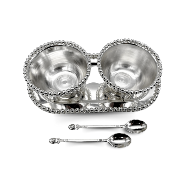 Traditional Silver Table Serving Dish Set with 1 Tray, 2 Bowls, and 2 Spoons