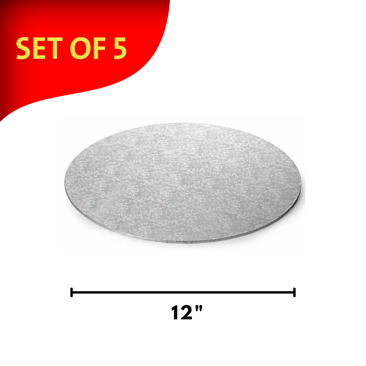 Round Embossed Set of 5 Cake Drums Thin Board Silver 12"