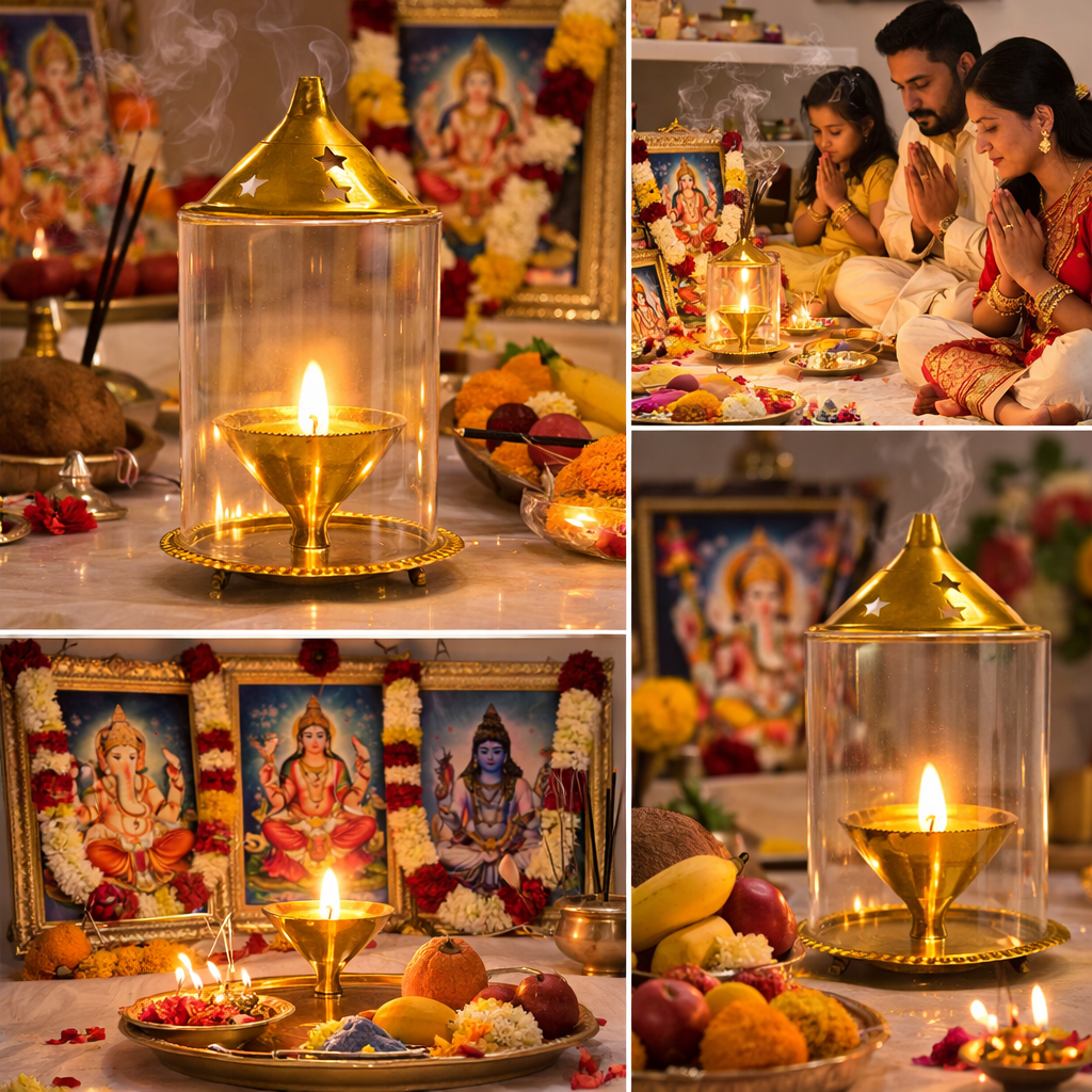 Brass Jyoti Diya Oil / Ghee Lamp with Glass Cover & Lid Traditional Pooja Lamp for Mandir Temple Prayer Room Diwali Decoration Hindu Religious Jyot (Sold Individually, Multiple Sizes)