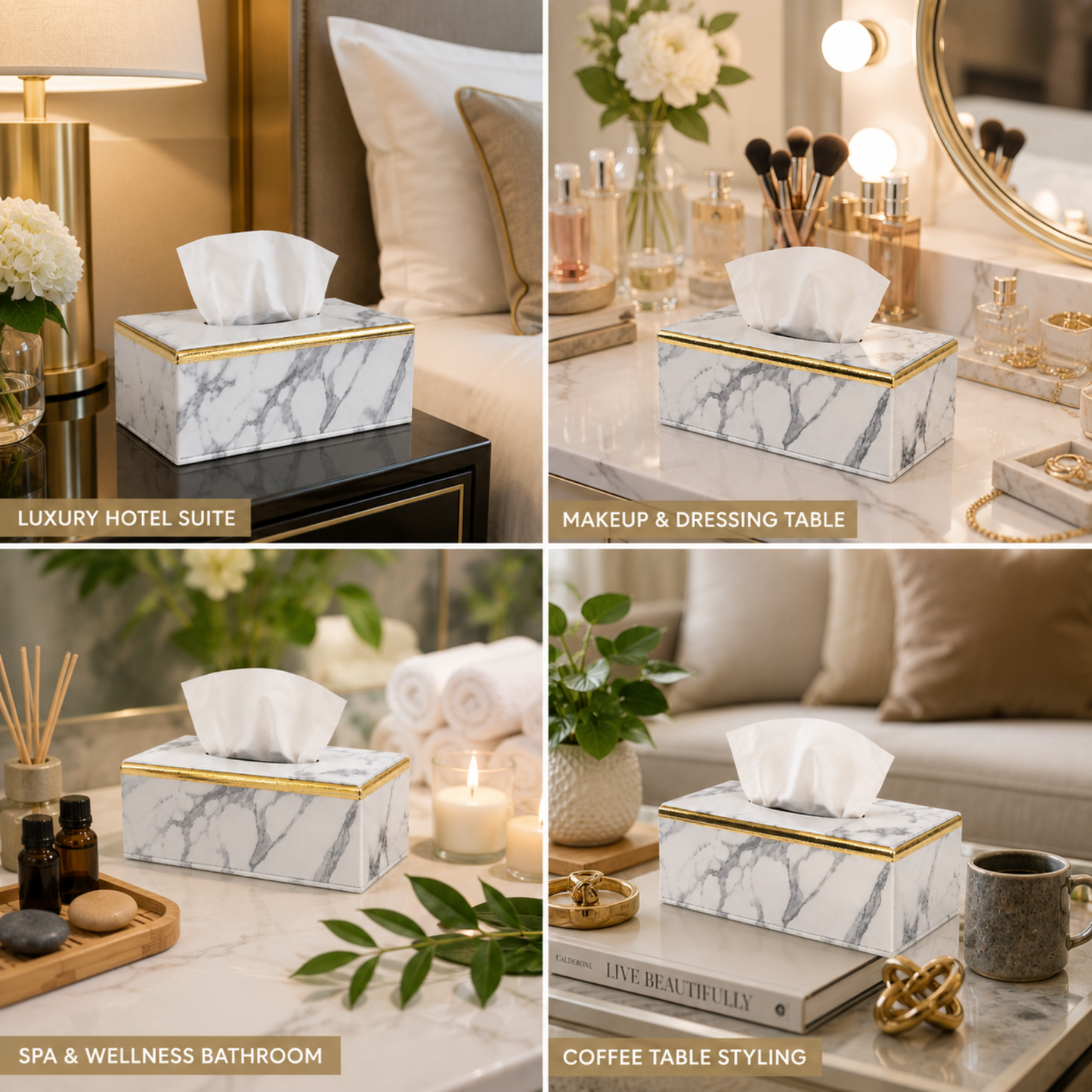 Marble Effect Tissue Box Cover, Faux Leather Tissue Box Holder with Gold Trim