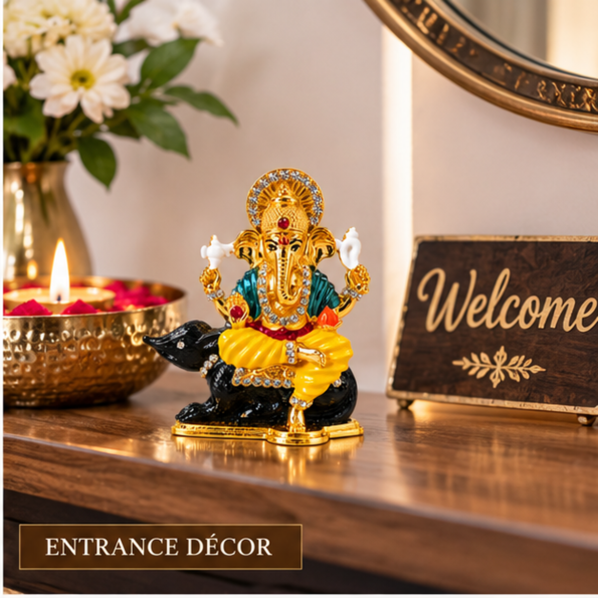Metal Ganesh Ji Idol on Mouse with Crystal Stone Detailing, Decorative Hindu Ganesha Murti Statue for Car Dashboard