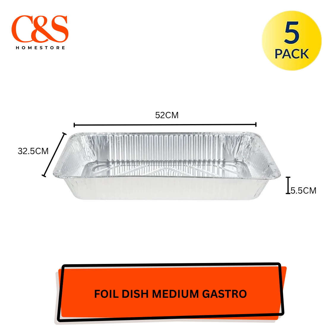 5 x Foil Dish Medium Gastro 52x32.5x5.5cm 6L Aluminium Catering Trays BBQ Baking
