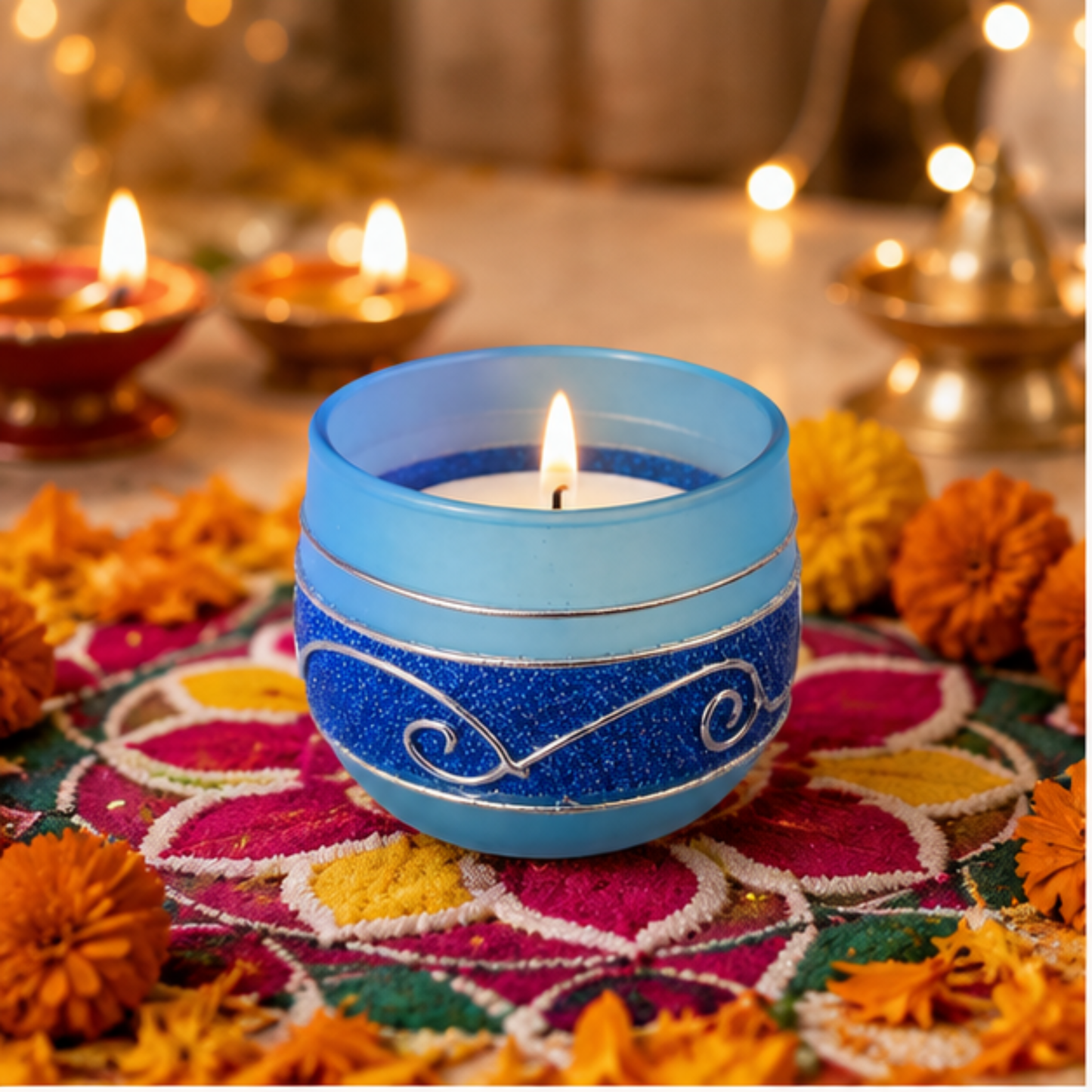 Decorative Blue Glass Wax Candle Diya, 7cm Round Festive Candle for Diwali