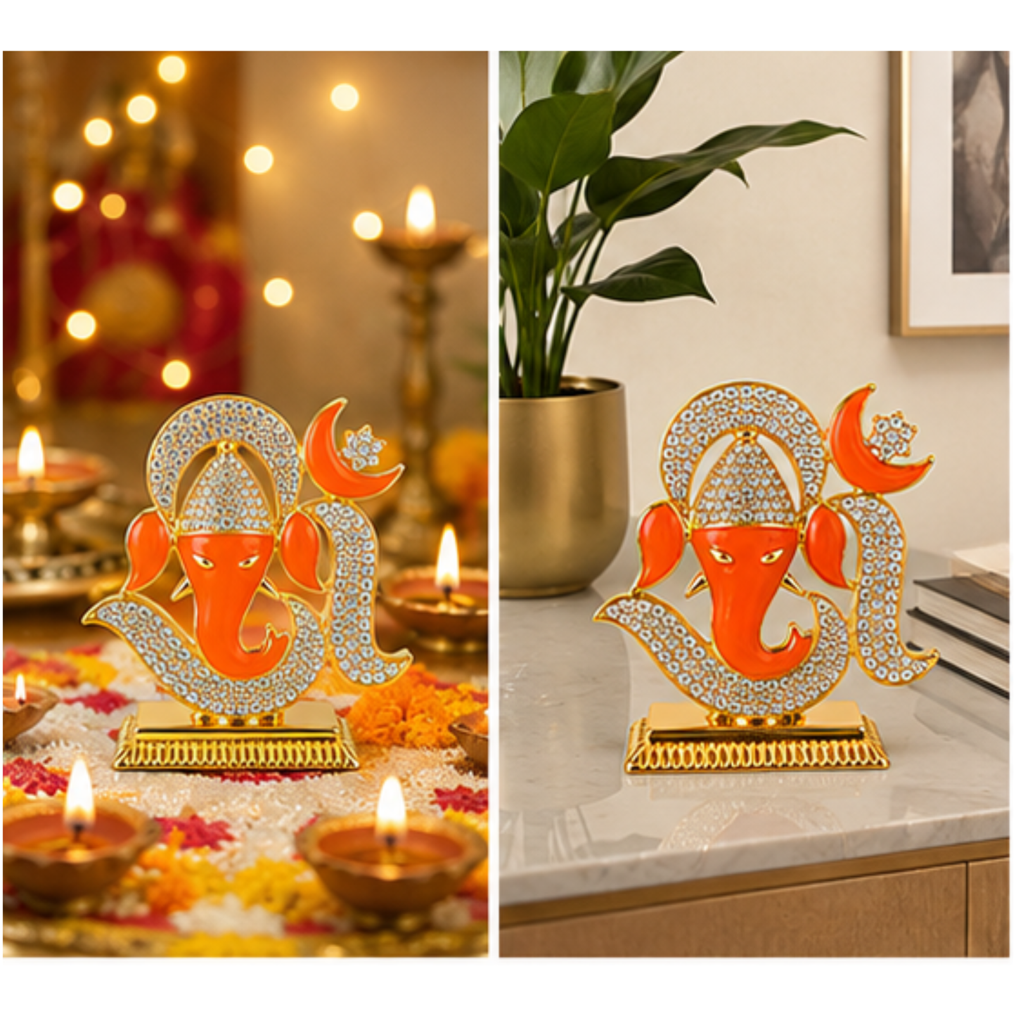 Ganesh Ji Decorative Idol with Om Design, Crystal Stone Detailing & Gold Colour Finish