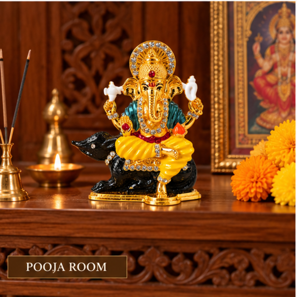 Metal Ganesh Ji Idol on Mouse with Crystal Stone Detailing, Decorative Hindu Ganesha Murti Statue for Car Dashboard