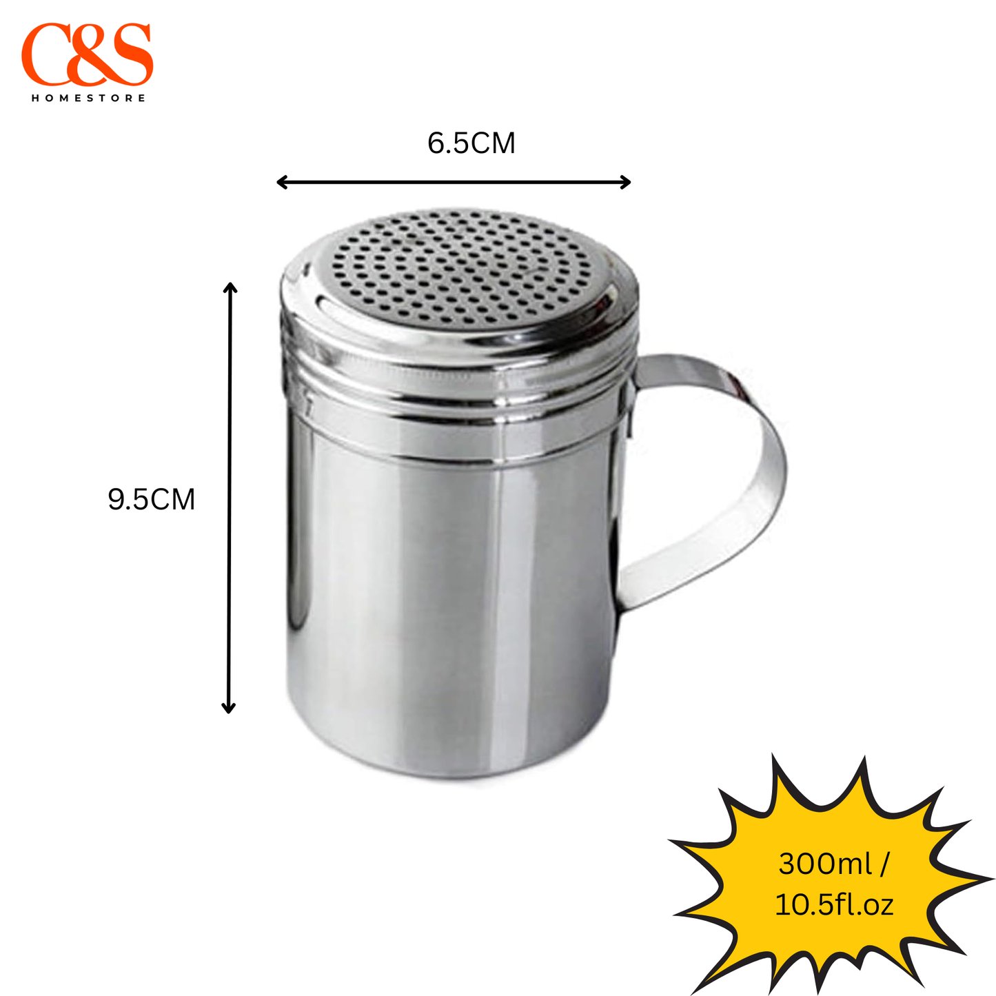 Stainless Steel Dredger Shaker with Handle 10oz/300ml for Sugar, Flour/Chocolate