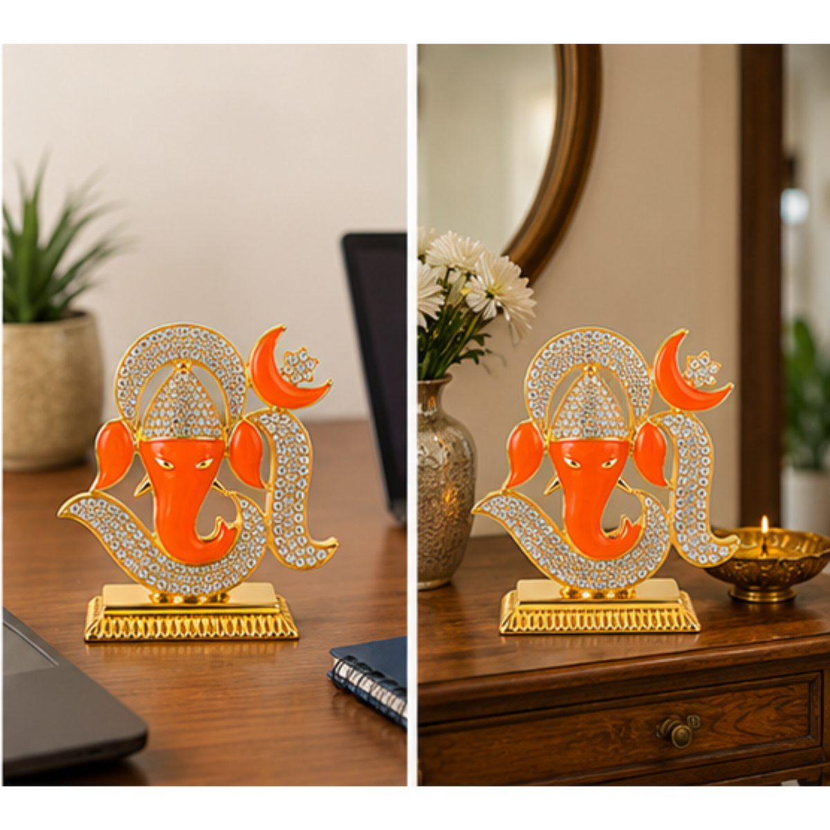Ganesh Ji Decorative Idol with Om Design, Crystal Stone Detailing & Gold Colour Finish