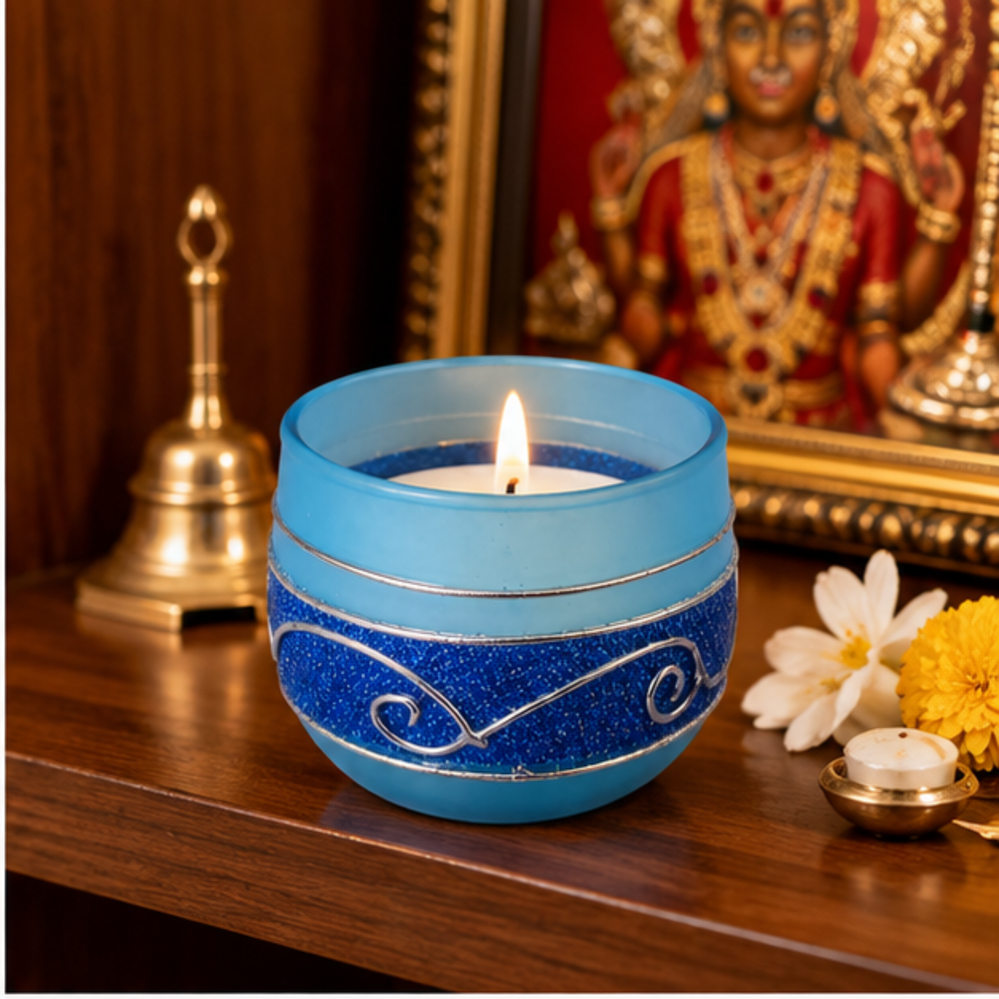 Decorative Blue Glass Wax Candle Diya, 7cm Round Festive Candle for Diwali