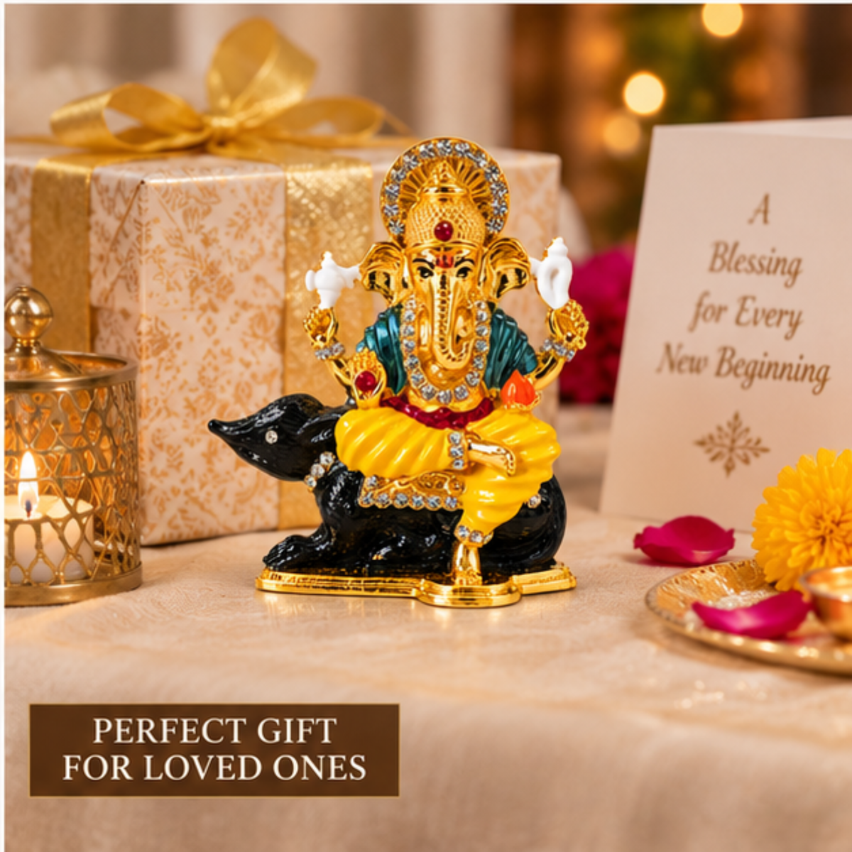 Metal Ganesh Ji Idol on Mouse with Crystal Stone Detailing, Decorative Hindu Ganesha Murti Statue for Car Dashboard