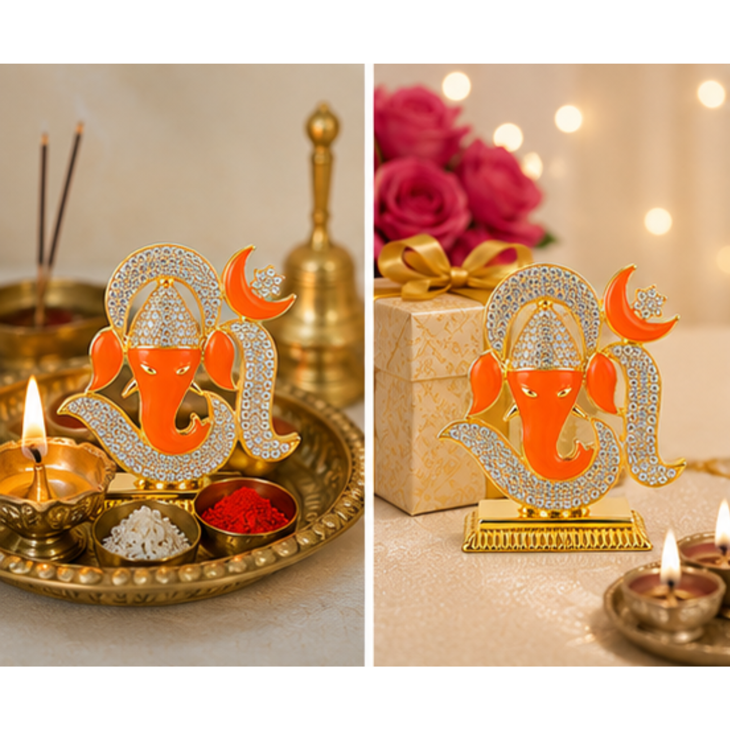 Ganesh Ji Decorative Idol with Om Design, Crystal Stone Detailing & Gold Colour Finish