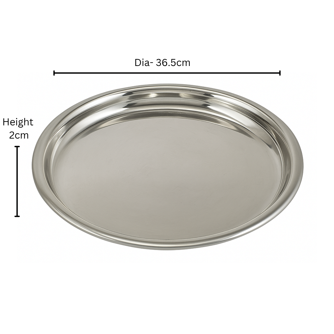 Stainless Steel Plate Thali 36.5cm  Premium Round Mirror Finish Serving & Dining