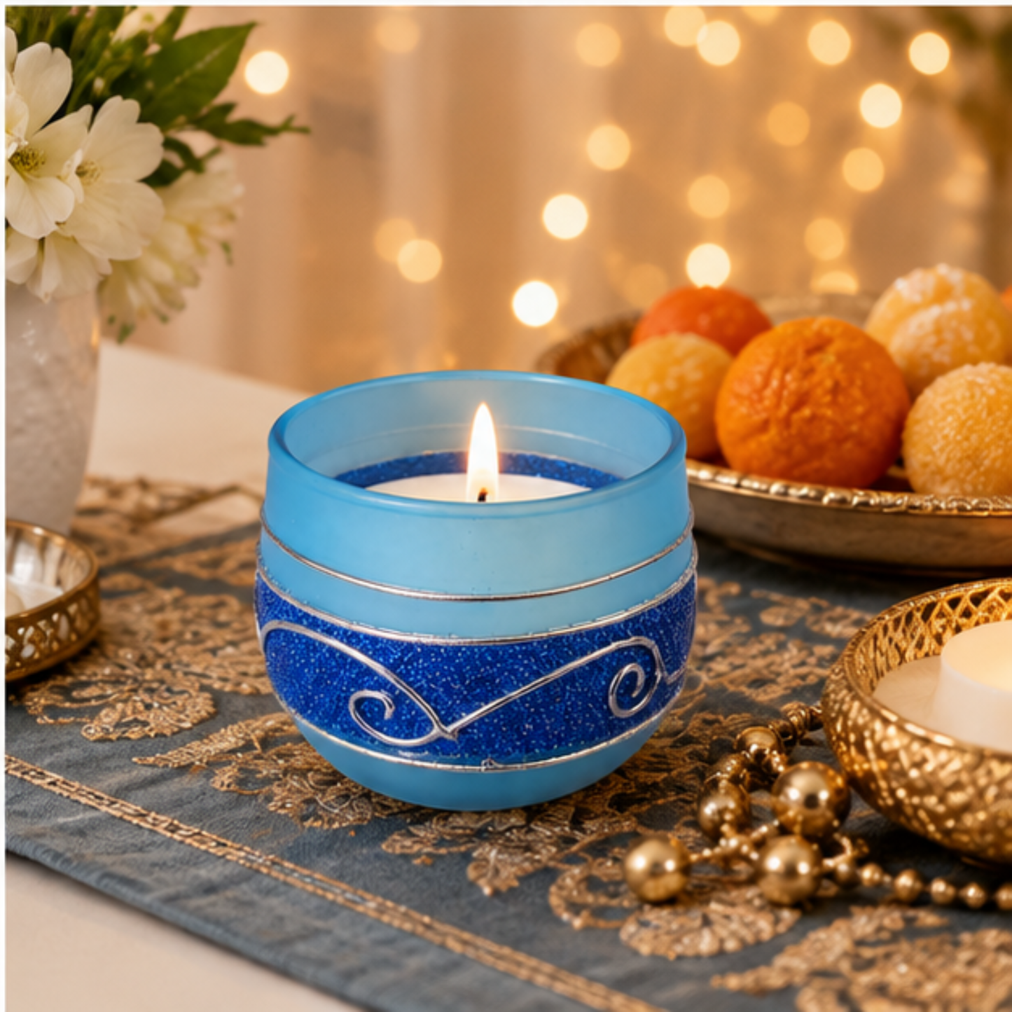 Decorative Blue Glass Wax Candle Diya, 7cm Round Festive Candle for Diwali