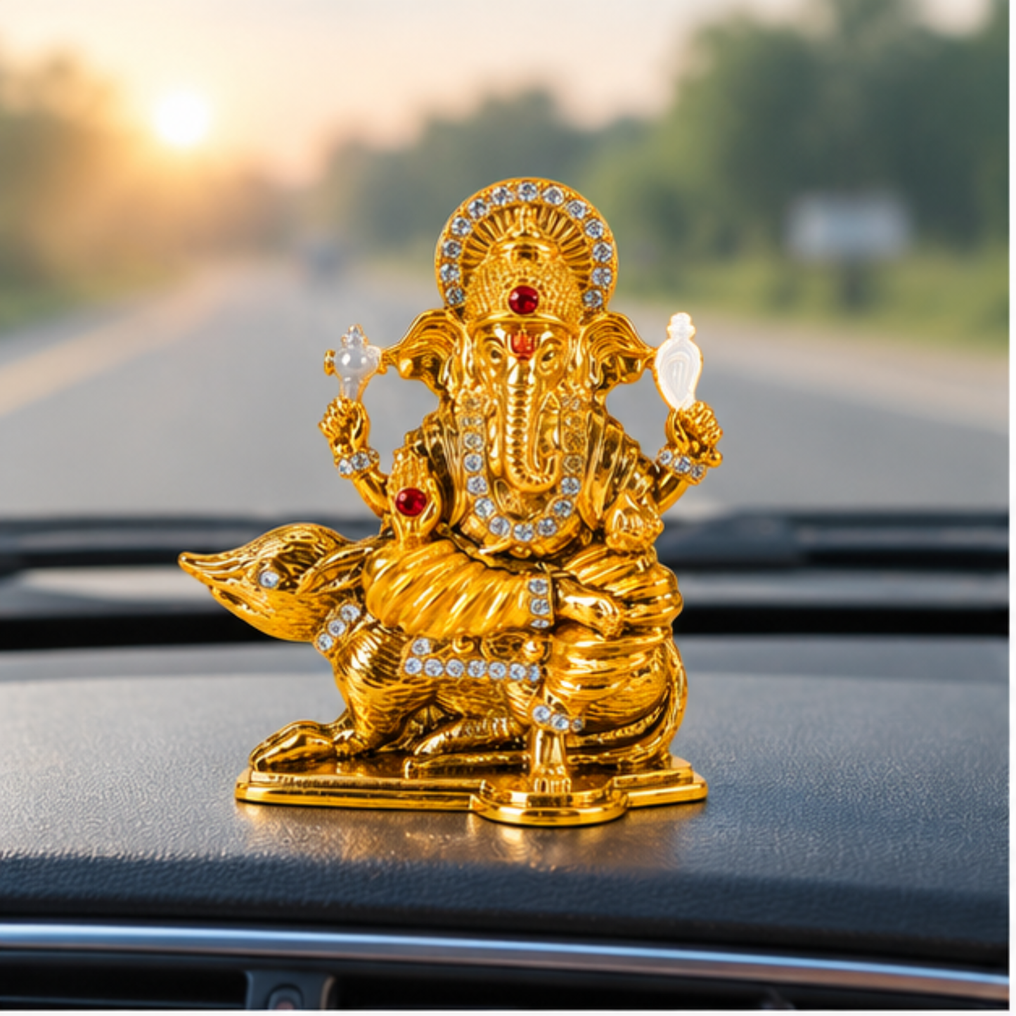 Metal Ganesh Ji Idol on Mouse with Crystal Stone Detailing, Decorative Hindu Ganesha Murti Statue for Car Dashboard