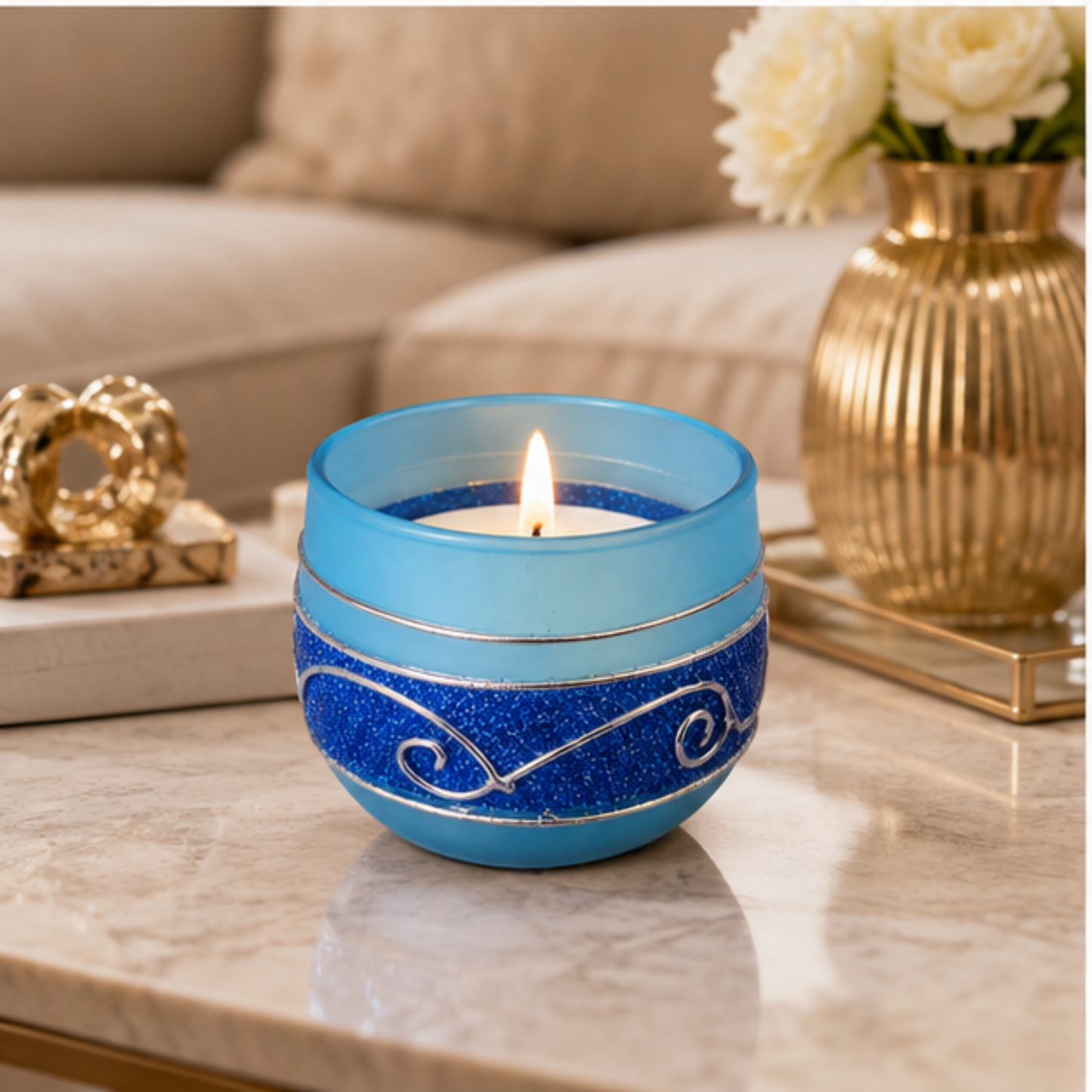 Decorative Blue Glass Wax Candle Diya, 7cm Round Festive Candle for Diwali