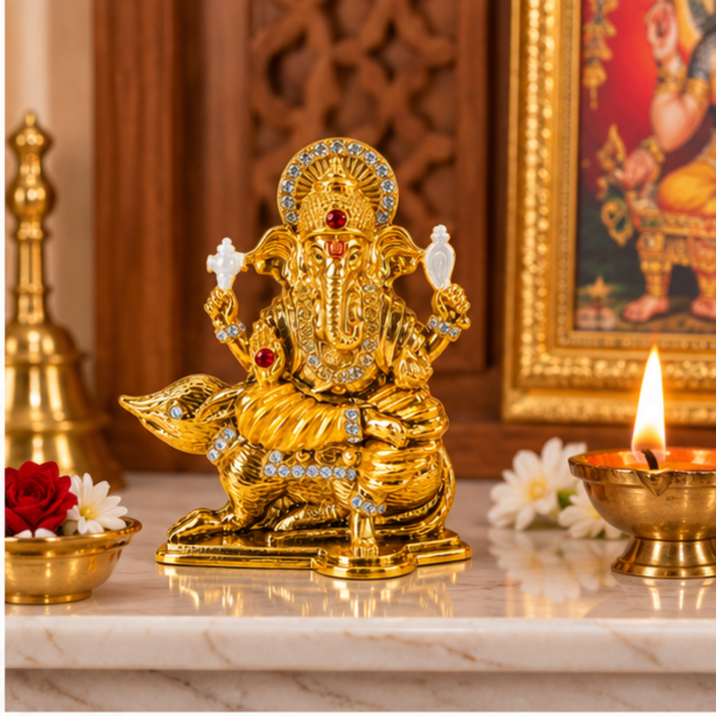 Metal Ganesh Ji Idol on Mouse with Crystal Stone Detailing, Decorative Hindu Ganesha Murti Statue for Car Dashboard