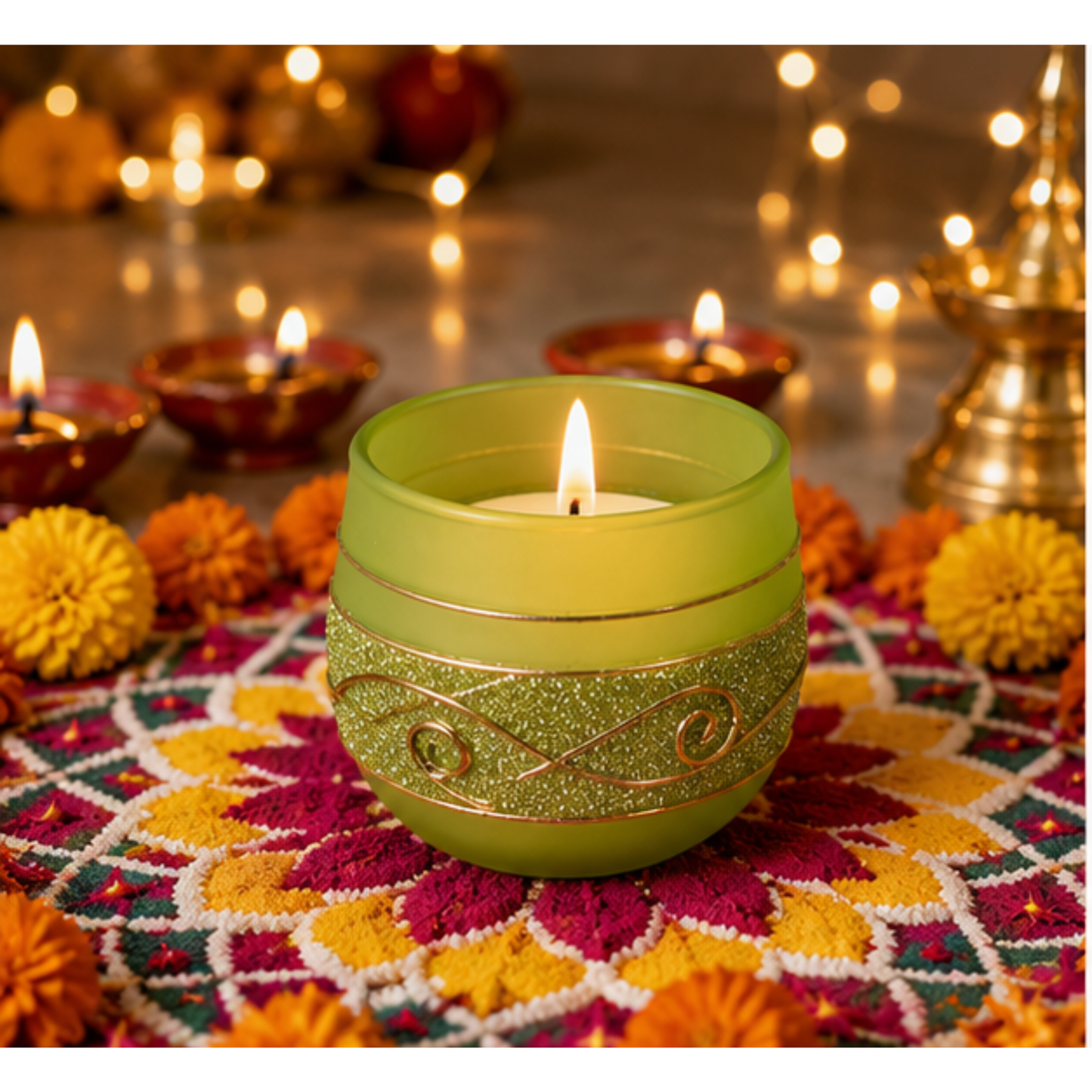 Decorative Blue Glass Wax Candle Diya, 7cm Round Festive Candle for Diwali