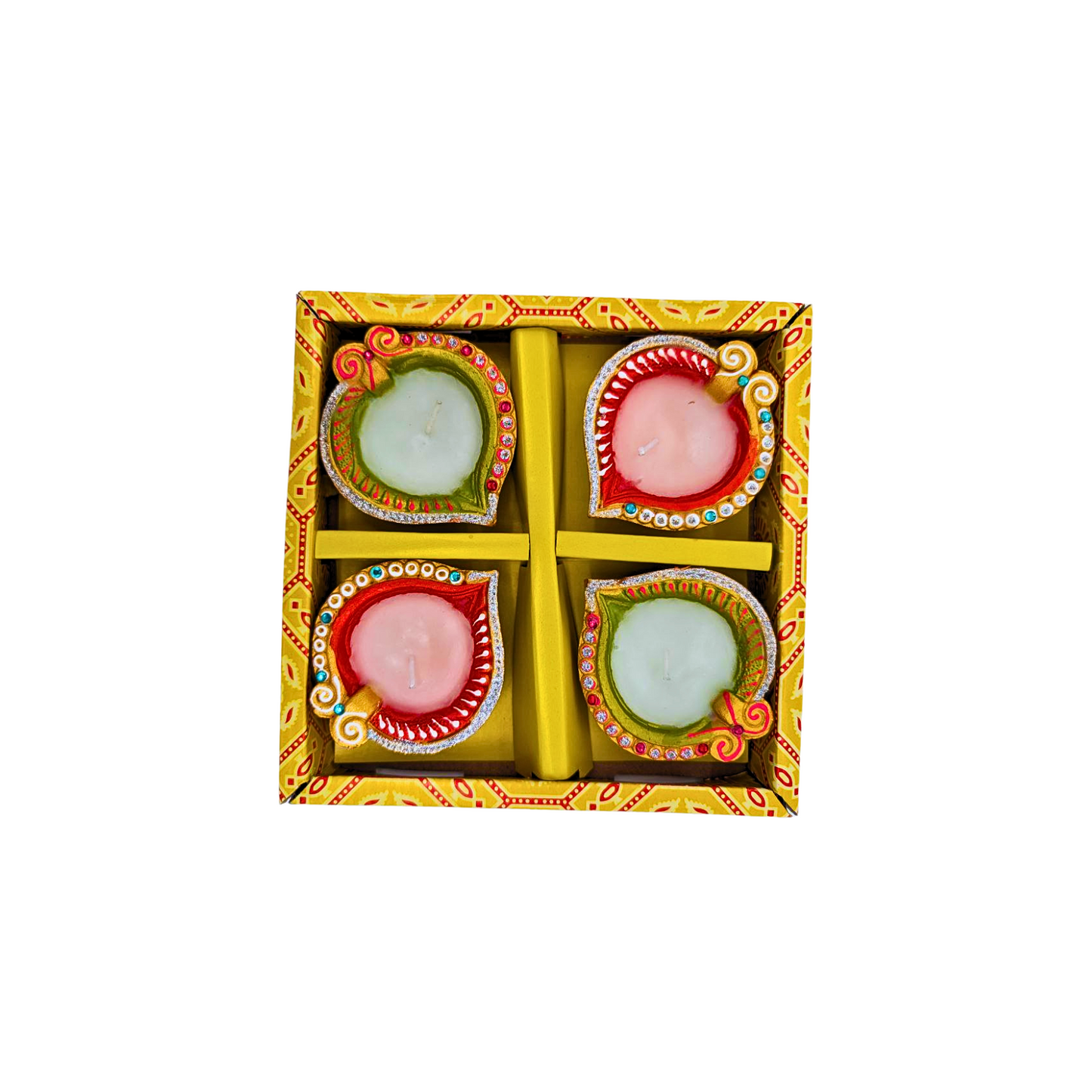 Vibrant Handcrafted Clay Wax Diya – Set of 4, Assorted Designs