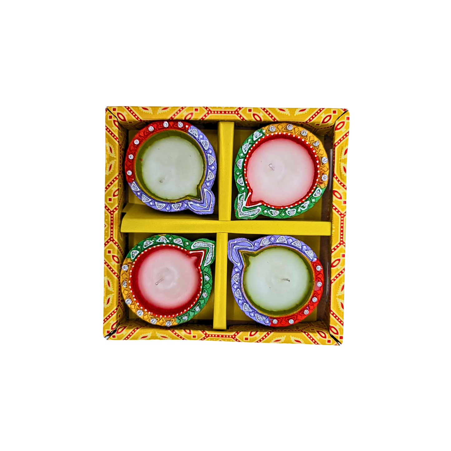 Vibrant Handcrafted Clay Wax Diya – Set of 4, Assorted Designs