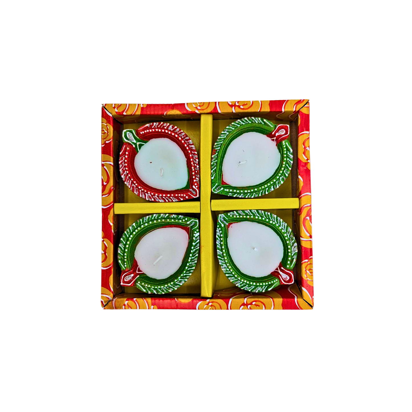 Vibrant Handcrafted Clay Wax Diya – Set of 4, Assorted Designs