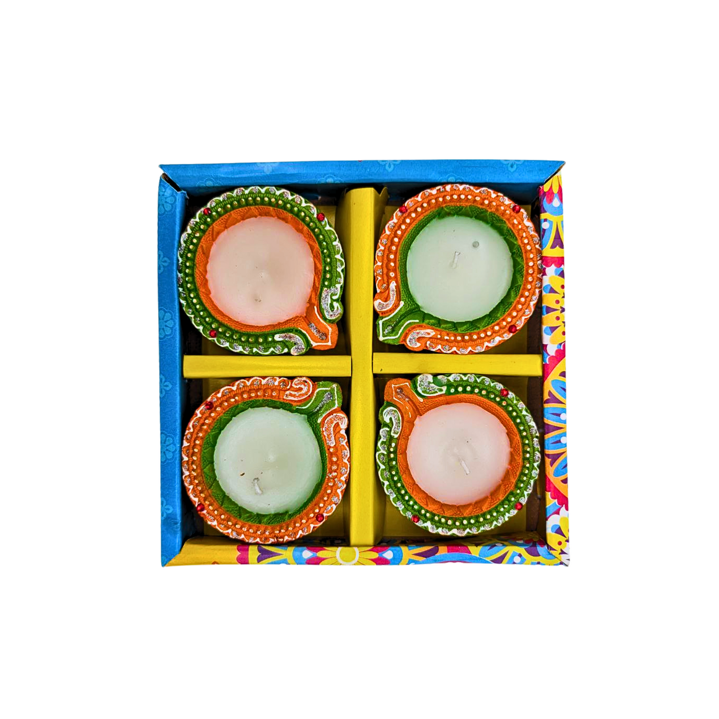 Vibrant Handcrafted Clay Wax Diya – Set of 4, Assorted Designs