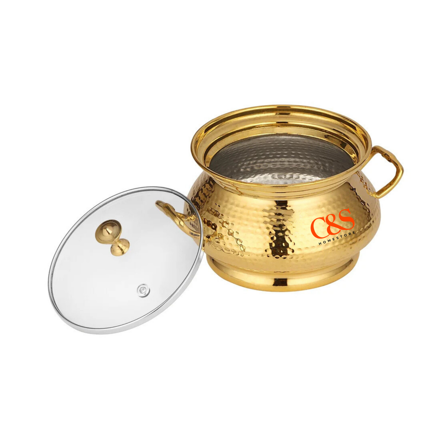 Hammered Brass Matka Serving Handi with Glass Lid – 3 Sizes