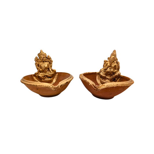 Handmade Clay Diya with Golden Painted Edges – Ganesh & Laxmi Idol Variants