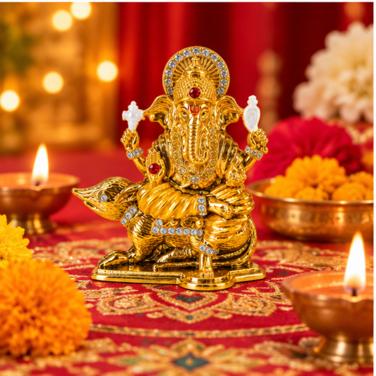 Metal Ganesh Ji Idol on Mouse with Crystal Stone Detailing, Decorative Hindu Ganesha Murti Statue for Car Dashboard