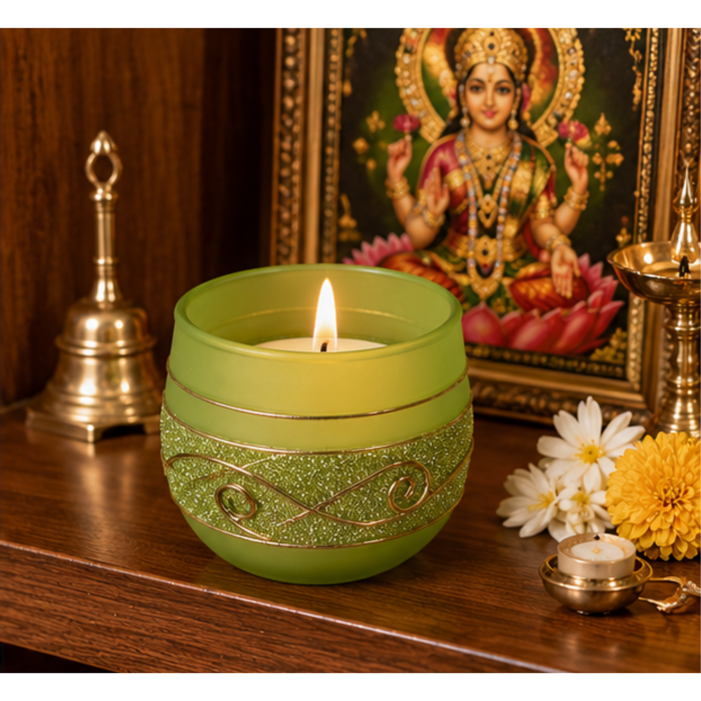 Decorative Blue Glass Wax Candle Diya, 7cm Round Festive Candle for Diwali