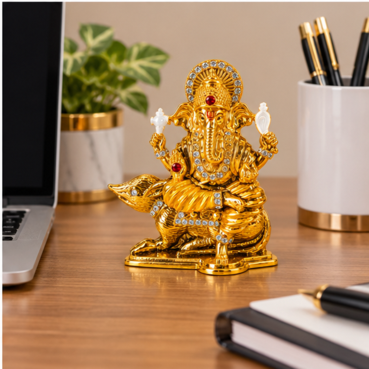Metal Ganesh Ji Idol on Mouse with Crystal Stone Detailing, Decorative Hindu Ganesha Murti Statue for Car Dashboard