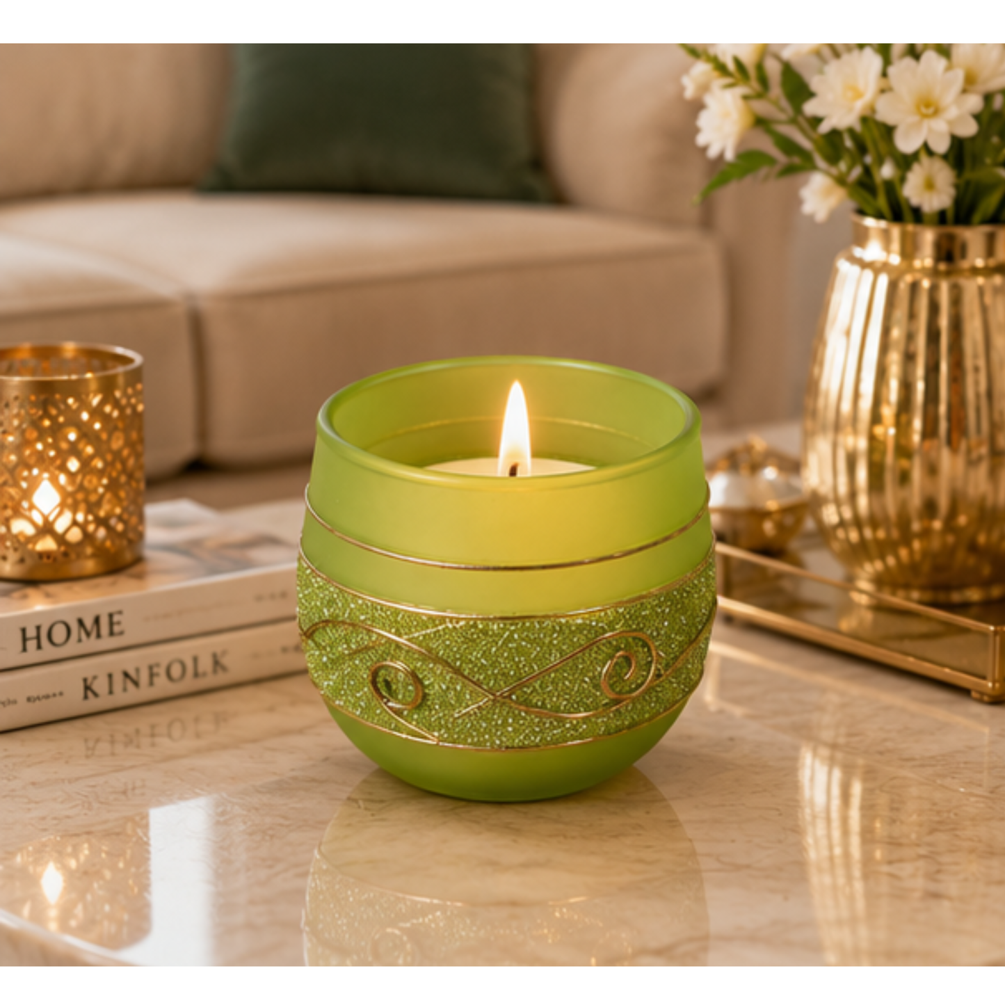 Decorative Blue Glass Wax Candle Diya, 7cm Round Festive Candle for Diwali