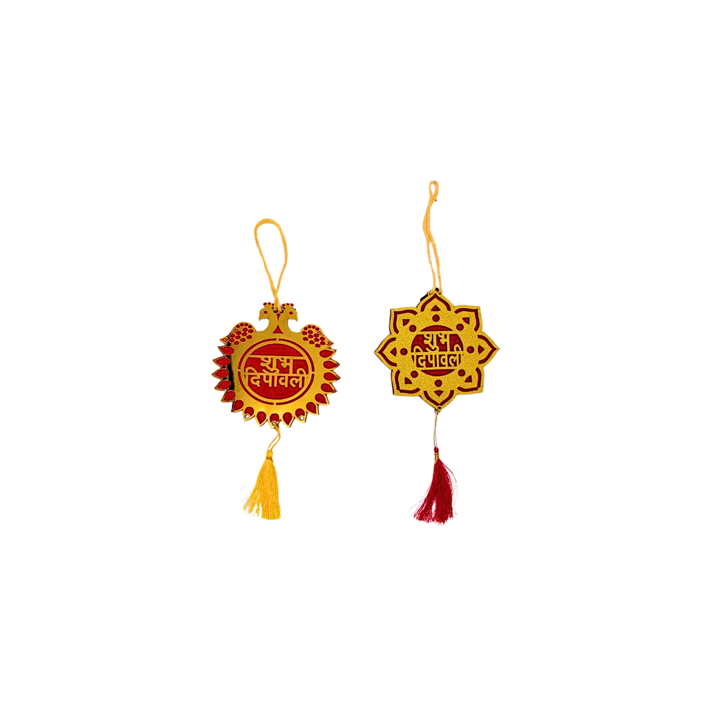 Gold & Red Shubh Diwali Toran – Peacock & Diya Designs (14 cm)