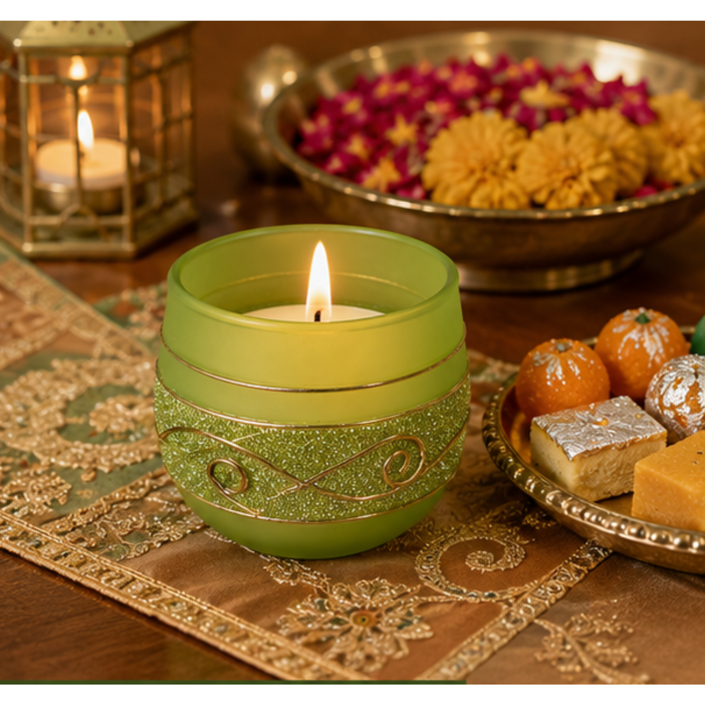 Decorative Blue Glass Wax Candle Diya, 7cm Round Festive Candle for Diwali