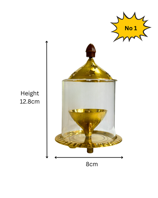 Brass Jyoti Diya Oil / Ghee Lamp with Glass Cover & Lid Traditional Pooja Lamp for Mandir Temple Prayer Room Diwali Decoration Hindu Religious Jyot (Sold Individually, Multiple Sizes)