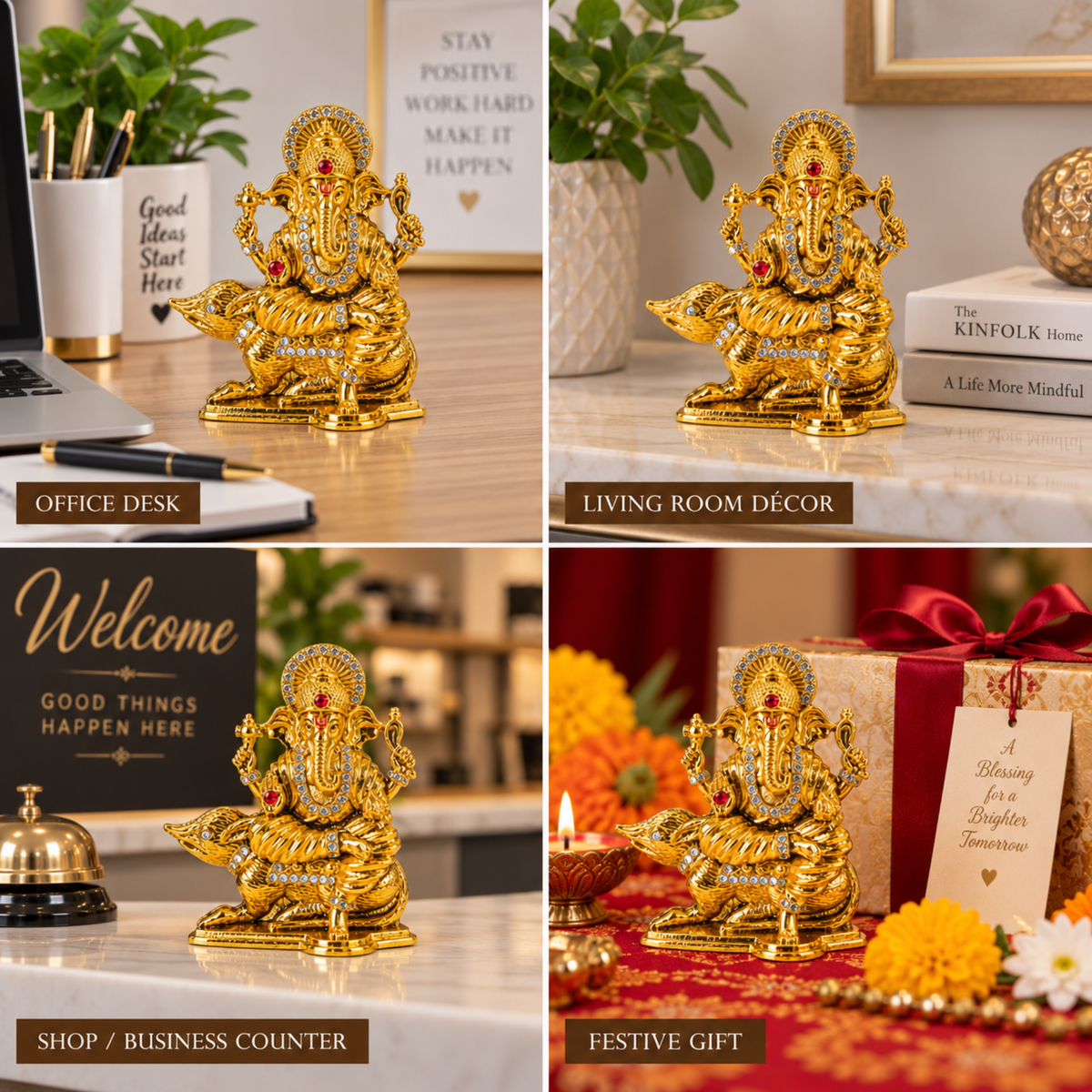 Metal Ganesh Ji Idol on Mouse with Crystal Stone Detailing, Decorative Hindu Ganesha Murti Statue for Car Dashboard