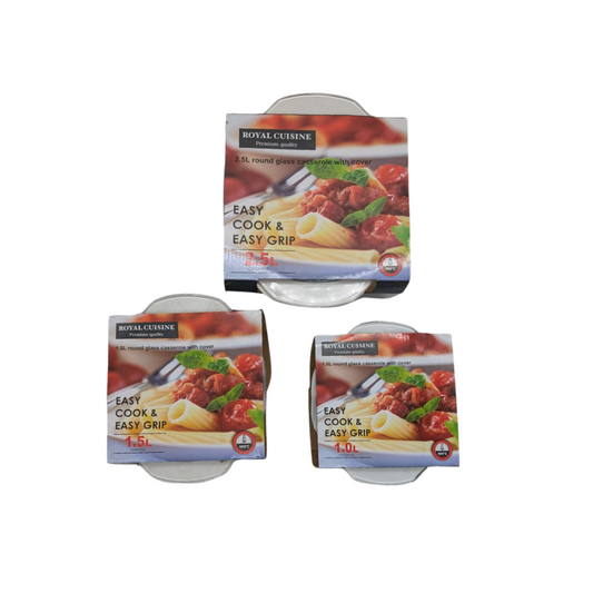 Royal Cuisine Round Glass Casserole with Cover - 1L, 1.5L, 2.5L