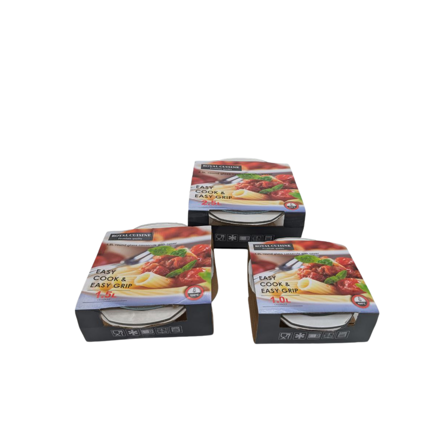 Royal Cuisine Round Glass Casserole with Cover - 1L, 1.5L, 2.5L