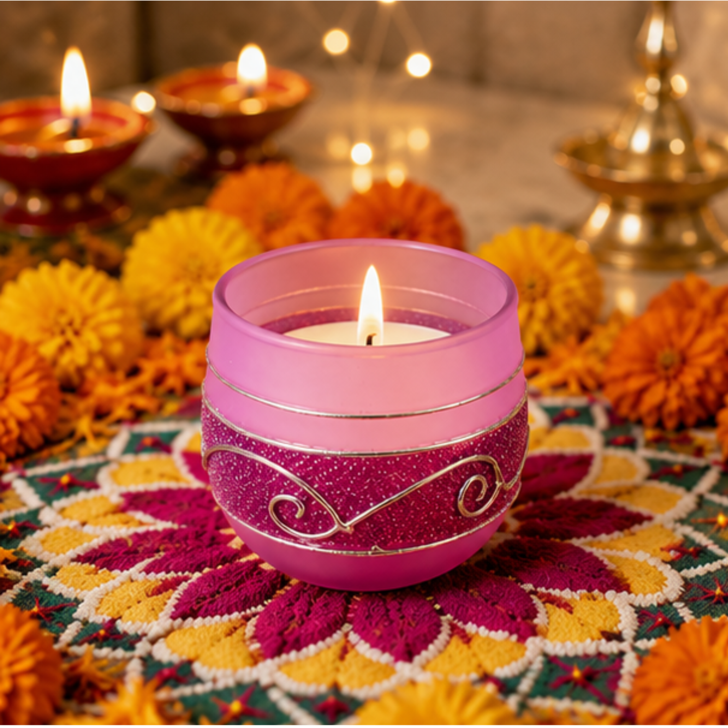 Decorative Blue Glass Wax Candle Diya, 7cm Round Festive Candle for Diwali