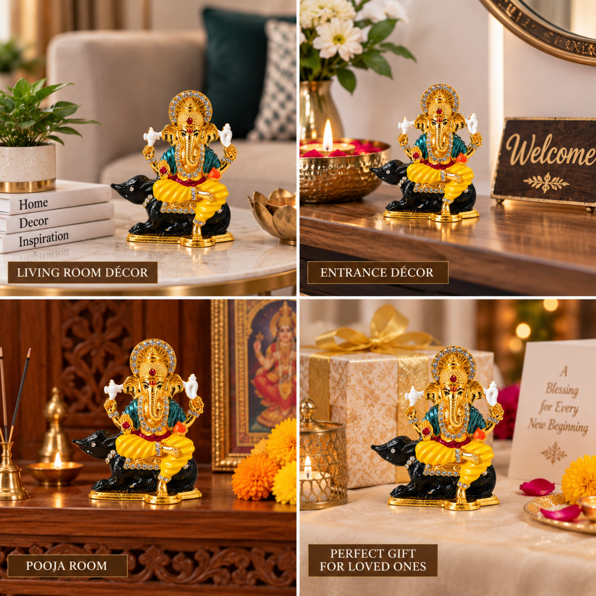 Metal Ganesh Ji Idol on Mouse with Crystal Stone Detailing, Decorative Hindu Ganesha Murti Statue for Car Dashboard