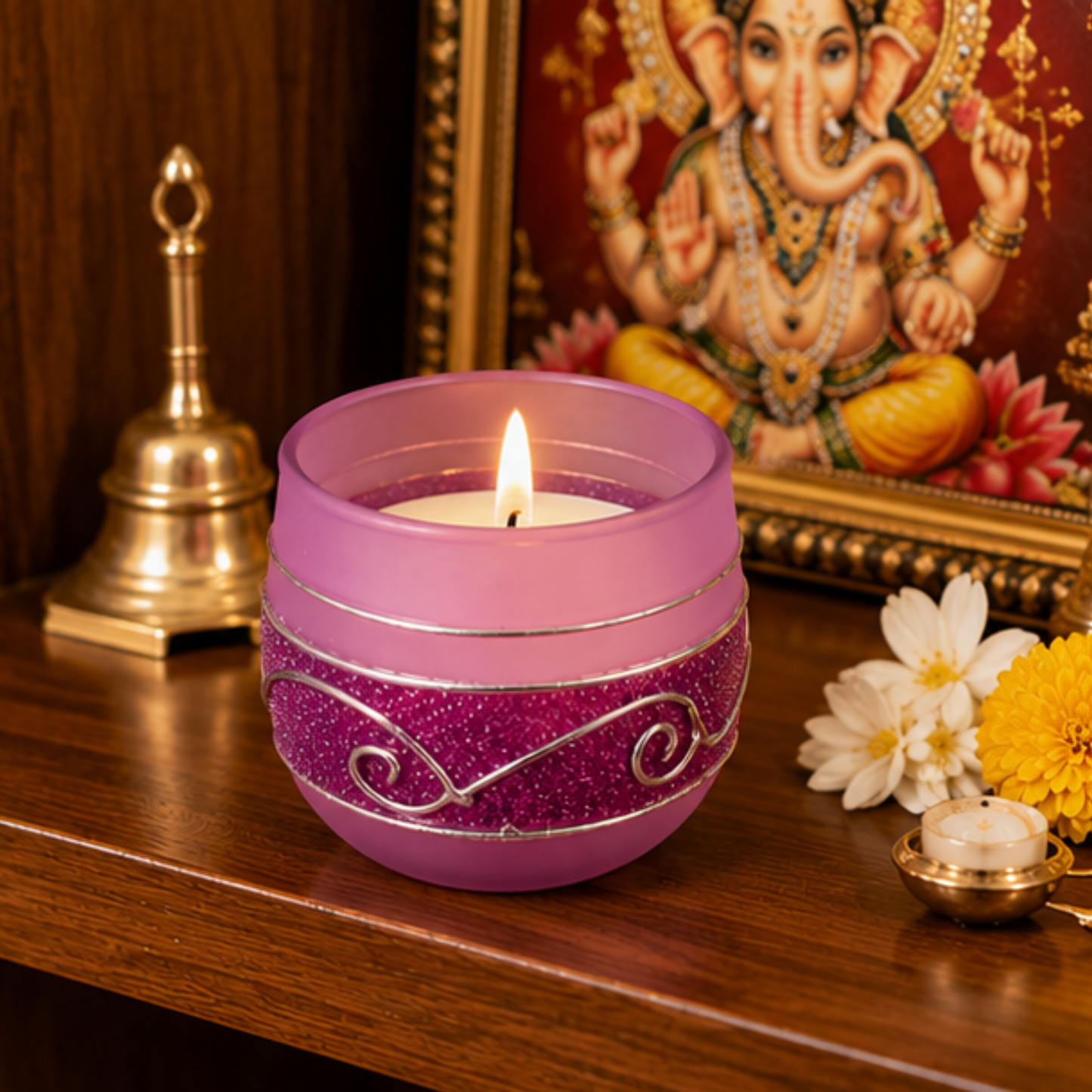 Decorative Blue Glass Wax Candle Diya, 7cm Round Festive Candle for Diwali