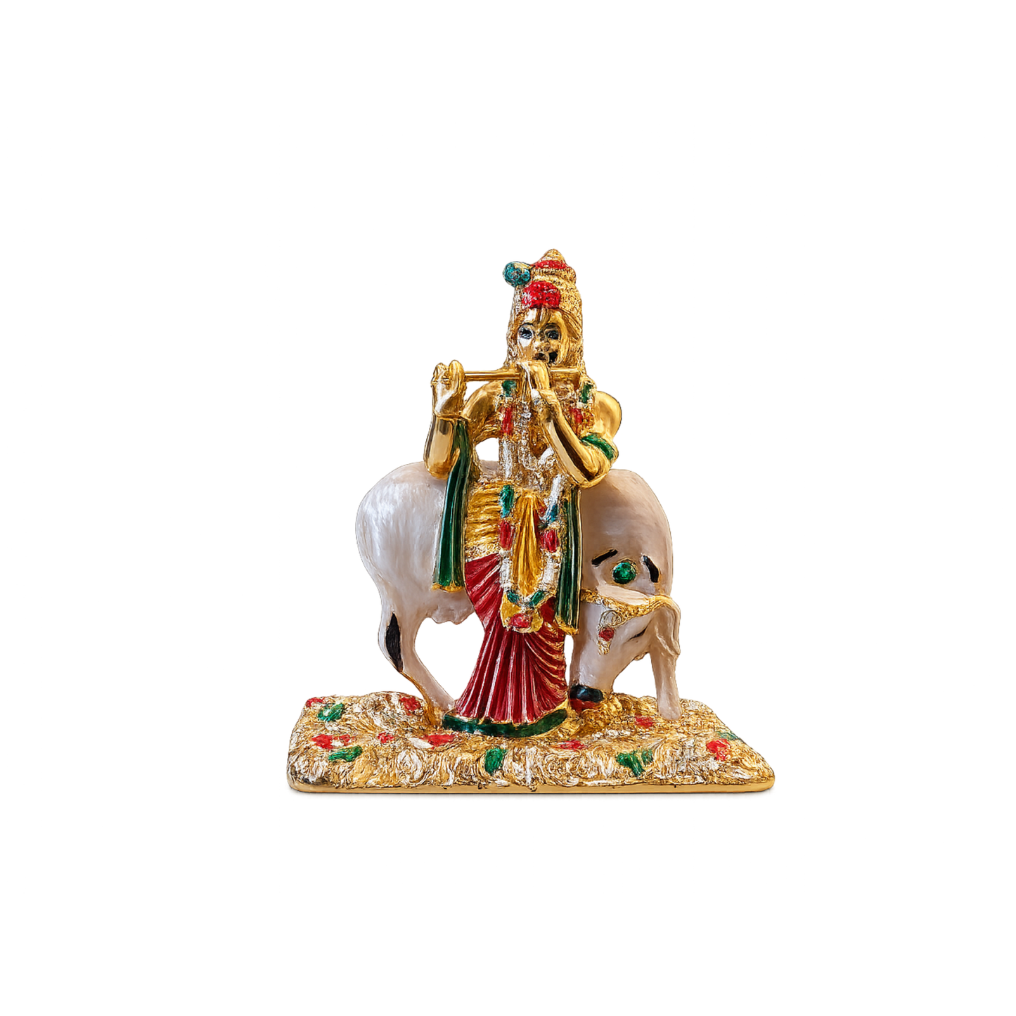 Krishna Statue with Cow Metal Golden Colour Idol Decorative Murti Size 7.5cm x 7