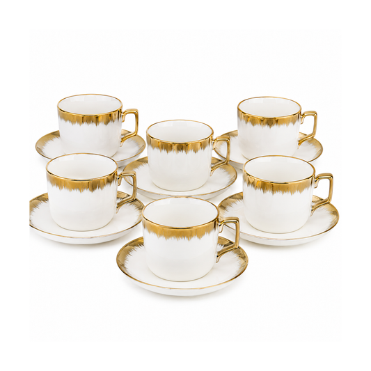 Set of 6 Porcelain Tea Cups and Saucers White with Gold Trim