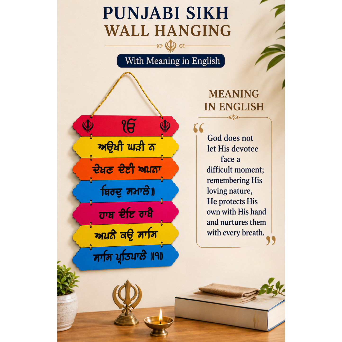 Punjabi Sikh Wooden Hanging Wall Plaque Multicolour Gurmukhi Quote Sign 33x22cm