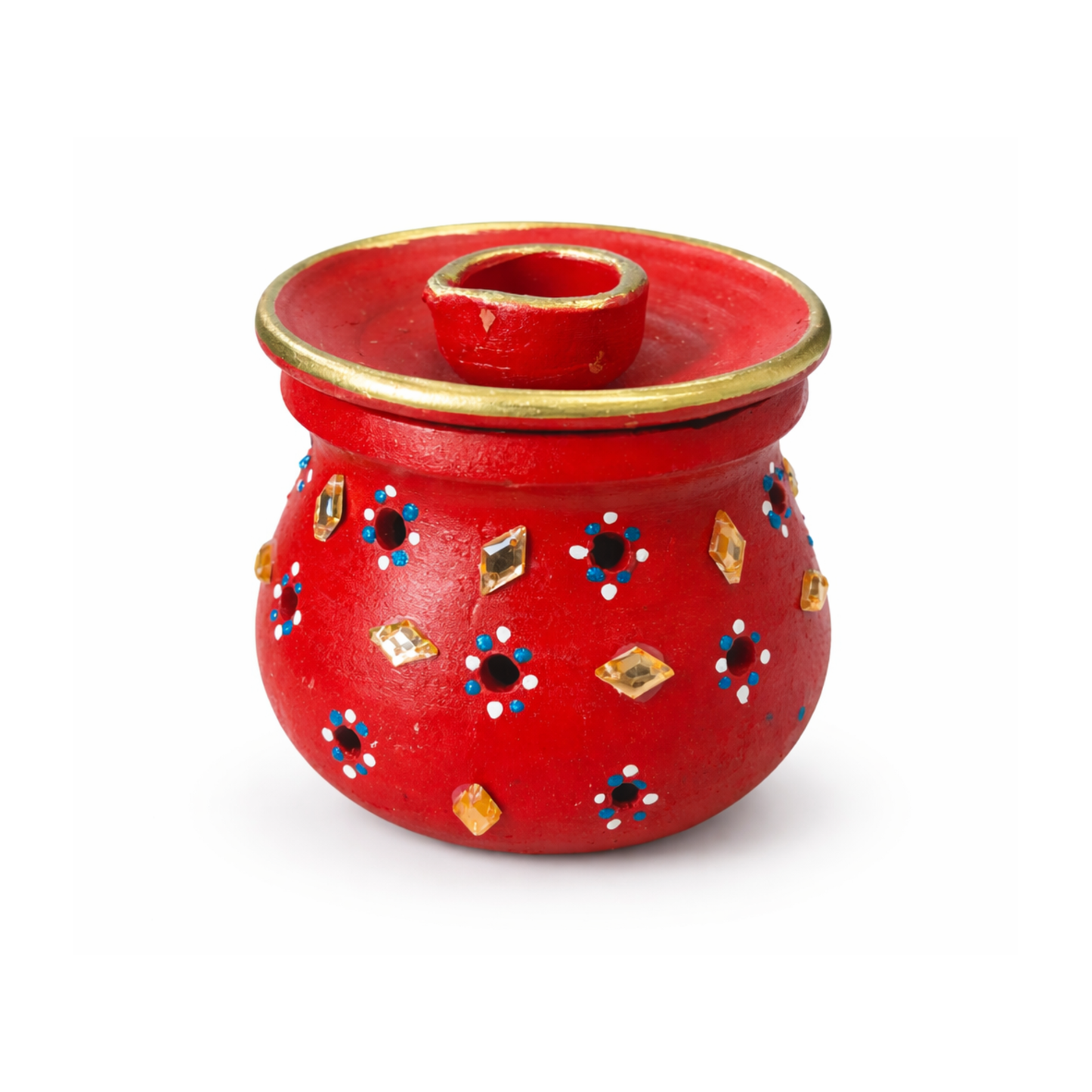 Clay Lota Kalash Garba Pot with Holes Lid & Diya Hand Painted Decorative - 12cm