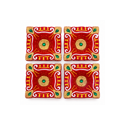 Handmade Clay Diya Set of 4 – Decorative Square Oil Lamps Approx. 7cm